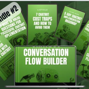 May include: An AI course bundle featuring green book covers with titles such as "Conversation Flow Builder", "7 Chatbot Cost Traps", and "Chatbots for Small Businesses". The bundle is labelled "AI Course Bundle #2".