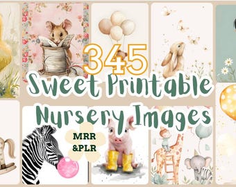 May include: A collage of 345 sweet printable nursery images featuring animals, balloons, and other cute illustrations. The images are perfect for decorating a baby's room or creating personalised gifts.