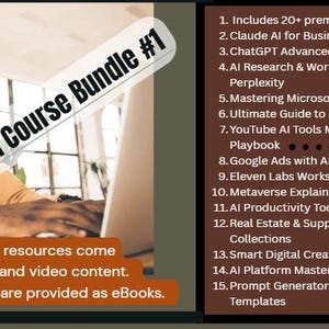 May include: An AI Course Bundle #1 graphic showing a person wearing glasses and a tan turtleneck, working on a laptop. The image includes a list of resources, including AI tools, workshops, and business templates. Some resources have audio and video content, others are eBooks.