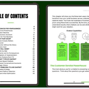 May include: Two digital tablets displaying content from a book about chatbots. One tablet shows a table of contents, the other a chapter on chatbot capabilities. The tablets are set against a dark green background.