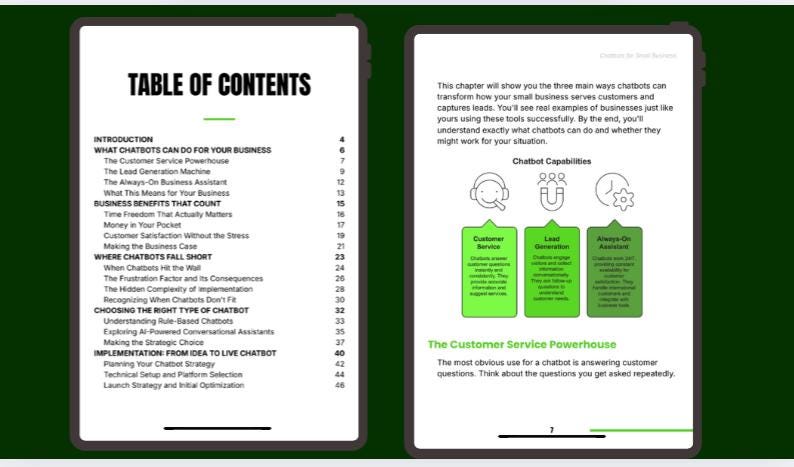 May include: Two digital tablets displaying content from a book about chatbots. One tablet shows a table of contents, the other a chapter on chatbot capabilities. The tablets are set against a dark green background.