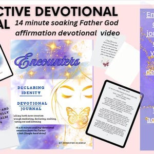 Puede incluir: Una portada de diario digital púrpura y dorada con una mariposa y el texto "Encounters: Declaring Identity Devotional Journal". El diario tiene 140 páginas e incluye 21 escrituras para meditar, acompañadas de oraciones y declaraciones.