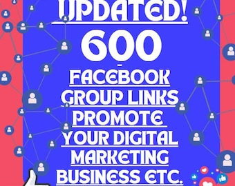 May include: A blue square with white text that reads "UPDATED! 600 FACEBOOK GROUP LINKS PROMOTE YOUR DIGITAL MARKETING BUSINESS ETC."  A thumbs up emoji is in the bottom left corner.  The background is pink with a pattern of small blue people icons connected by lines.