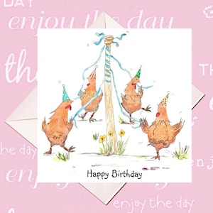 Carte d'anniversaire de poulet, carte de poulet, carte de poulet drôle, carte de jeu de mots, carte de voeux de poulet, carte de danse de Maypole