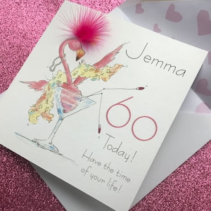 Carte 60e anniversaire - carte 60e anniversaire personnalisée - carte 60e flamant rose - carte 60e anniversaire pour femme - tout âge - carte personnalisée 60e