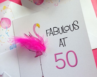 50th Birthday Card: Ballerina Flamingo, Pink Feather, Milestone Birthday