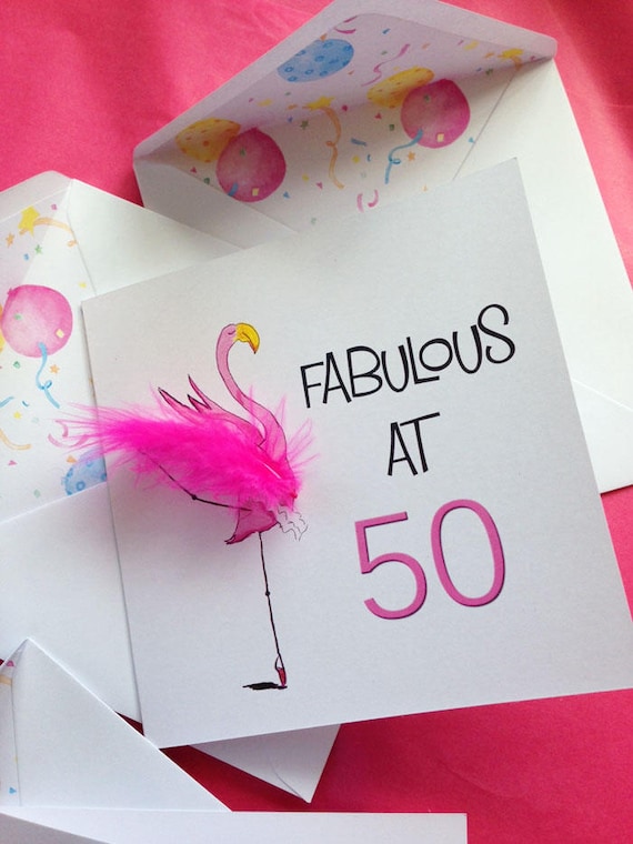 50th Birthday Card: Ballerina Flamingo, Pink Feather, Milestone Birthday