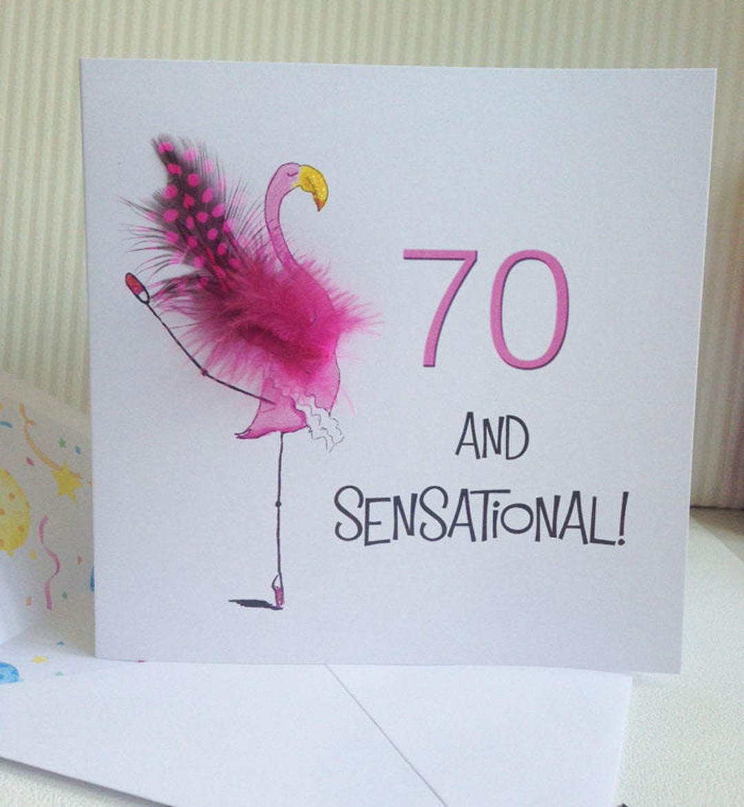 Personalised 70th Birthday Card – Pink Flamingo, Feather Detail (cerise ...