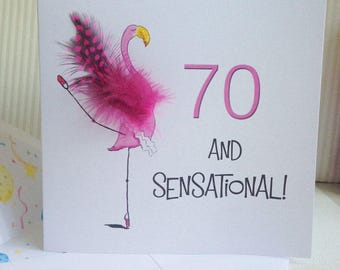 Personalised 70th Birthday card –  Pink Flamingo, Feather detail (Cerise or Powder Pink)  a milestone card for her