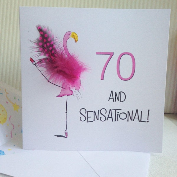 Personalised 70th Birthday card –  Pink Flamingo, Feather detail (Cerise or Powder Pink)  a milestone card for her