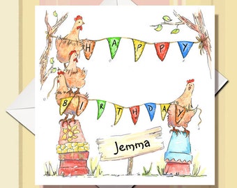 May include: A birthday card featuring a watercolor illustration of four chickens hanging colorful bunting that reads "Happy Birthday". The chickens are standing on top of flower pots. A wooden sign reads "Jemma".