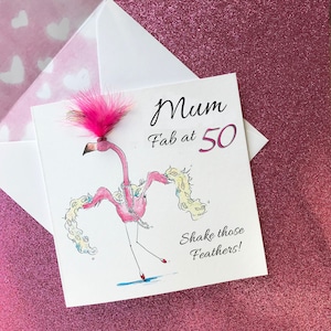 Carte d’anniversaire de maman - 40ème - 50ème - 60ème - 65ème - 70ème carte - Carte d’anniversaire - Flamingo Card - Any Age Card avec des paillettes roses et candyfloss