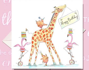 Personalised Birthday Card – Watercolour Giraffe, Flamingos, Chickens (A Birthday Compendium)