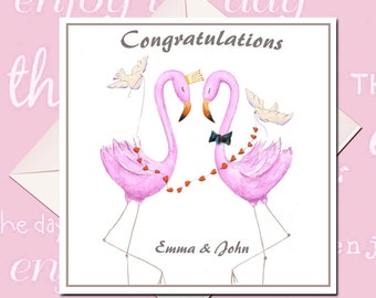 Flamingo Wedding Card, Bride and Groom card, Congratulations Card, Flamingo Wedding Card, Personalied sparkly card