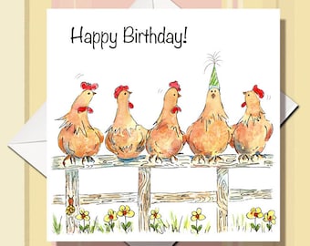 Funny Chicken Birthday Card - Watercolor Illustration
