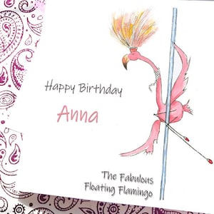 Carte flamant rose, carte flamant rose pole dance, carte d'anniversaire danseuse perche, pose flottante fabuleuse, carte flamant rose amusante
