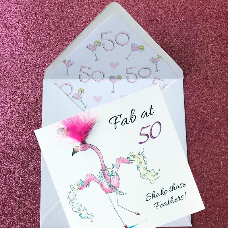50th Birthday Flamingo Card: Feathered Ballerina, Personalised , milestone birthday, unique and individually made & Lined 50&Cocktails