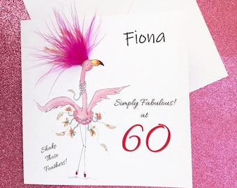 Personalized 60th Birthday Card: Flamingo card, can be personalised and any *age required (*just message me), Embellished, individually made