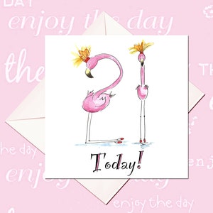 21st Birthday Card - 21st Flamingo Card - 21st card for woman - Any Age Card - 21st Birthday - 21st Card, with pink and candyfloss glitter