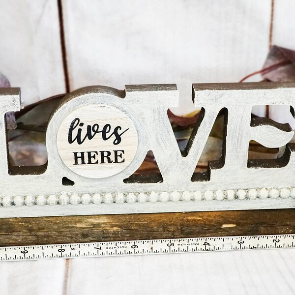 shelf decor, christian sign, "love lives here" 11.3"x5"x2.5"