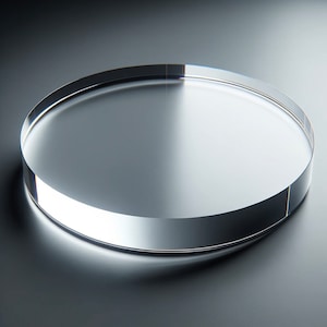 May include: A clear, circular acrylic display stand. The stand is approximately 1 inch thick and has a polished, reflective surface. The edges are smooth and rounded, creating a modern and minimalist aesthetic.