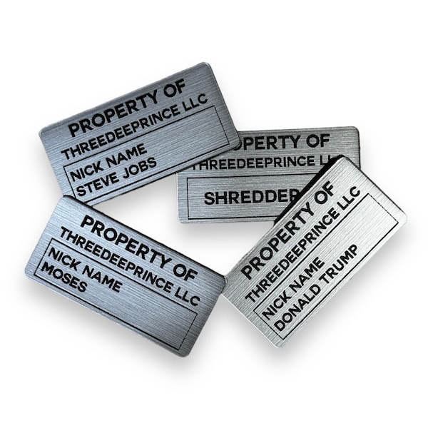 Personalized Machinery Tags - Property of Plaques - for commercial use - non corrosive / Anti-rust.