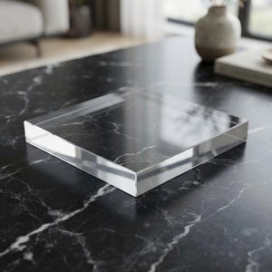 May include: A clear, square acrylic block with smooth, polished edges and a flat top surface. The transparent material reflects the surrounding environment, creating a clean and minimalist appearance for display purposes on a flat surface.