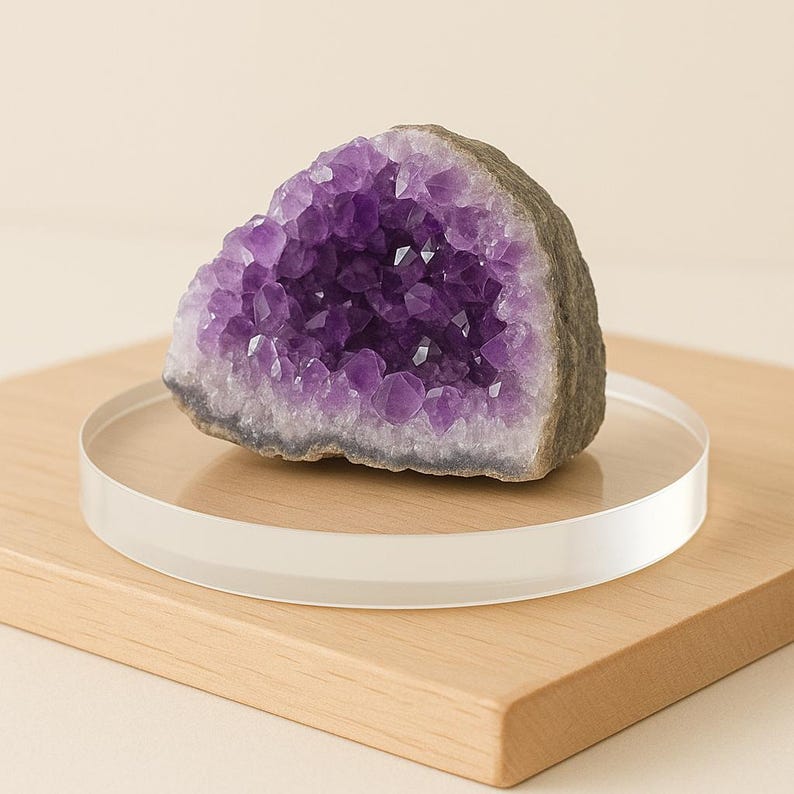 May include: A large amethyst geode with a deep purple crystalline interior sits on a clear, circular acrylic stand. The geode is partially encased in a rough, gray-brown rock. The stand rests on a light-colored wooden block.