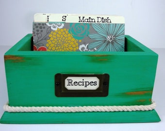 RUSTIC MINT GREEN Vintage Style Recipe Card Box , 6 custom tempered hardboard divider cards