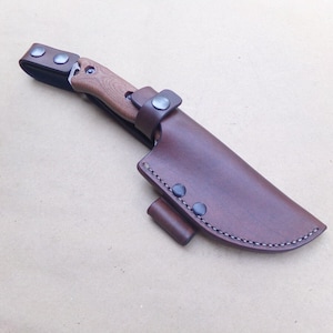 May include: A brown leather knife sheath with a stitched edge and multiple snap closures. A knife with a wooden handle is partially inserted into the sheath.