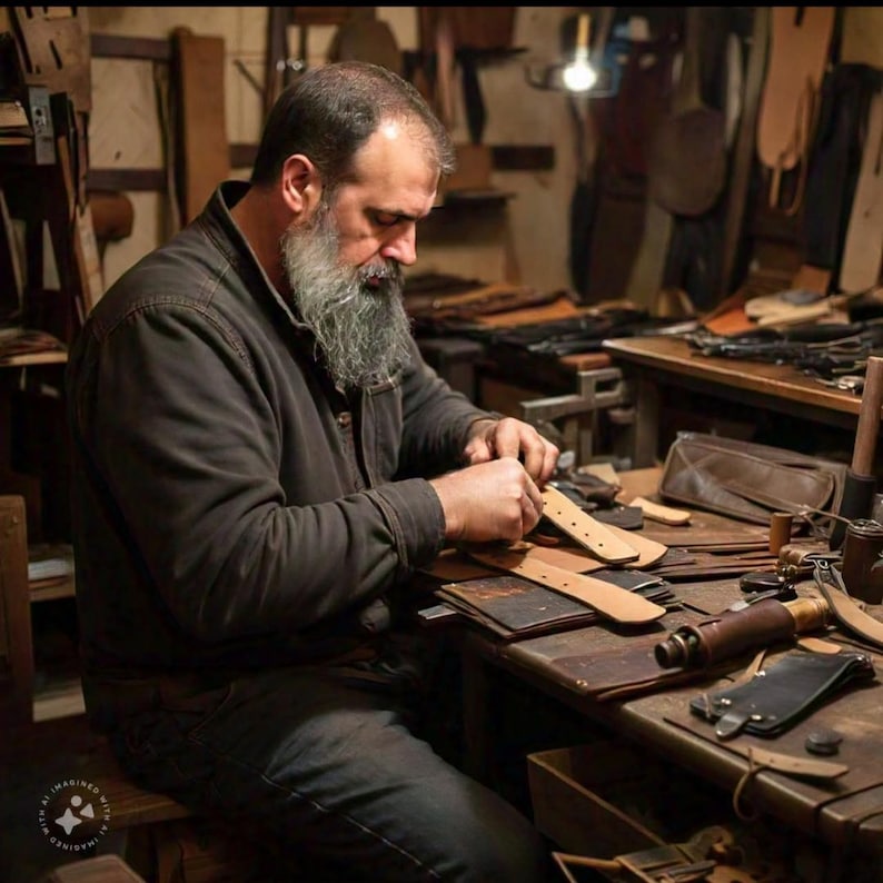 K&ouml;nnte beinhalten: Ein Mann mit Bart arbeitet an Lederriemen an einem Werktisch. Er verwendet Werkzeuge, um das Leder zu schneiden und zu n&auml;hen. Die Riemen sind braun und haben Metallschnallen. Der Werktisch ist aus Holz und hat eine Vielzahl von Werkzeugen und Materialien darauf.