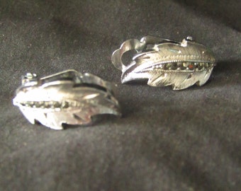 Vintage Sphinx silver tone and marcasite leaf clip on earrings