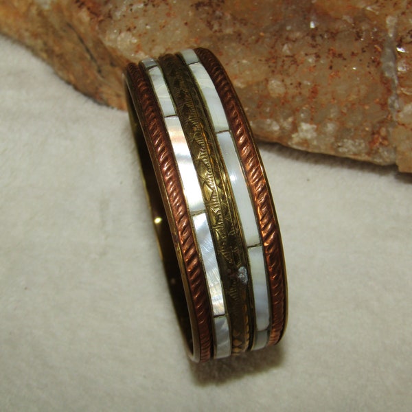Brass, copper and mother of pearl inlay bangle bracelet