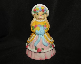 Vtg hand painted porcelain girl bunny bell