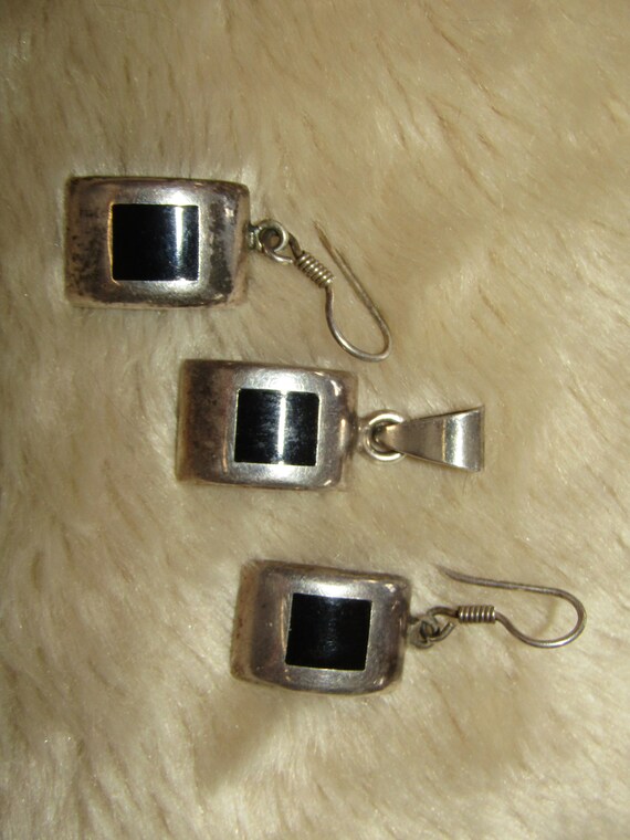 Vintage Mexico 925 onyx pendant earrings set - image 2