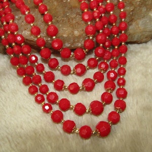 Vintage Hong Kong red & gold beaded multi strand necklace