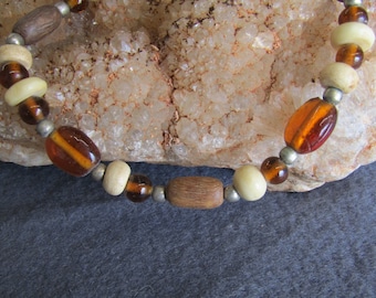 Wood and glass bead necklace