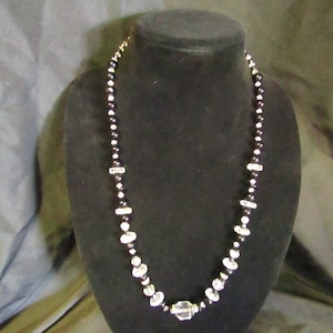 Vtg. black bead & clear crystal beaded necklace