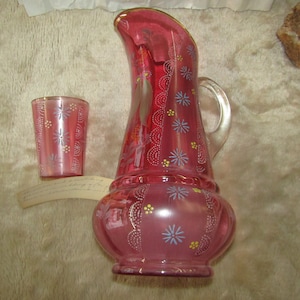 Early 1900&#39;s Bohemian blown glass pink pitcher & drinking glass