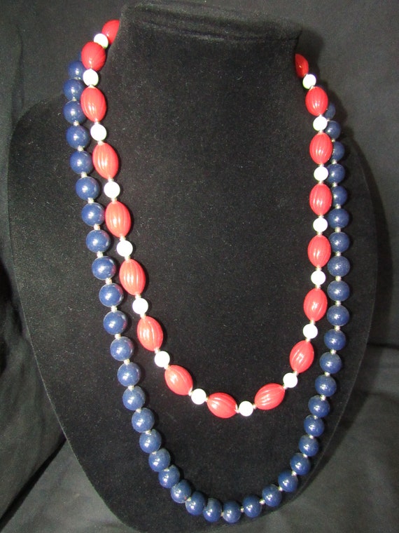Vintage Pair of Gold Tone Patriotic Red White and Blue Beaded and Pearl Single Strand Necklaces