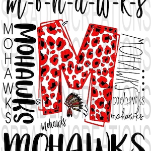May include: A red and white leopard print letter M with a Native American headdress. The letter is surrounded by the word "Mohawks" in black text.