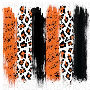 May include: Abstract digital art print featuring orange and black brushstrokes with a leopard print pattern.
