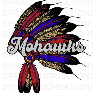 Peut inclure: Une coiffe noire, rouge, bleue et marron avec des plumes et un motif léopard. La coiffe porte le mot "Mohawks" écrit en blanc.