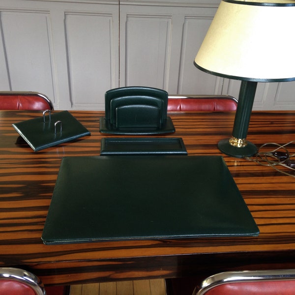 LE TANNEUR - necessary/furnishing/desk set with lamp in vintage English green grained leather 40s/50s