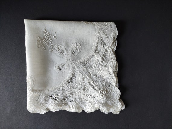 Antique handkerchief, French made, in white lace … - image 5
