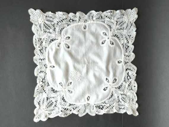 Antique handkerchief, French made, in white lace … - image 1