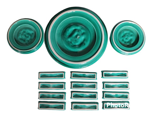 Lot Ancien Dessous De Plat Vert Céramique + 6 Repose-couteaux Forme Corde - Vintage
