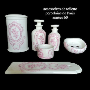 Porcelaine de Paris - white porcelain bathroom accessories with pink floral pattern - vintage 60s