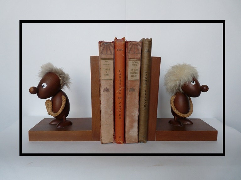 Serre-Livres - Adorables Personnages en Bois Vintage Années 50