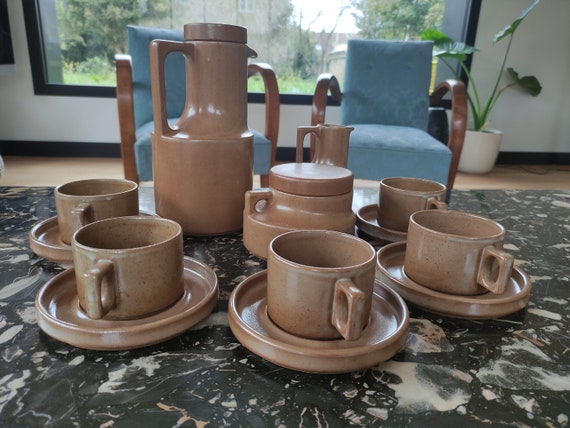 Service à Café Vintage En Grès – 4 Tasses, Motif Fleur, Made In France